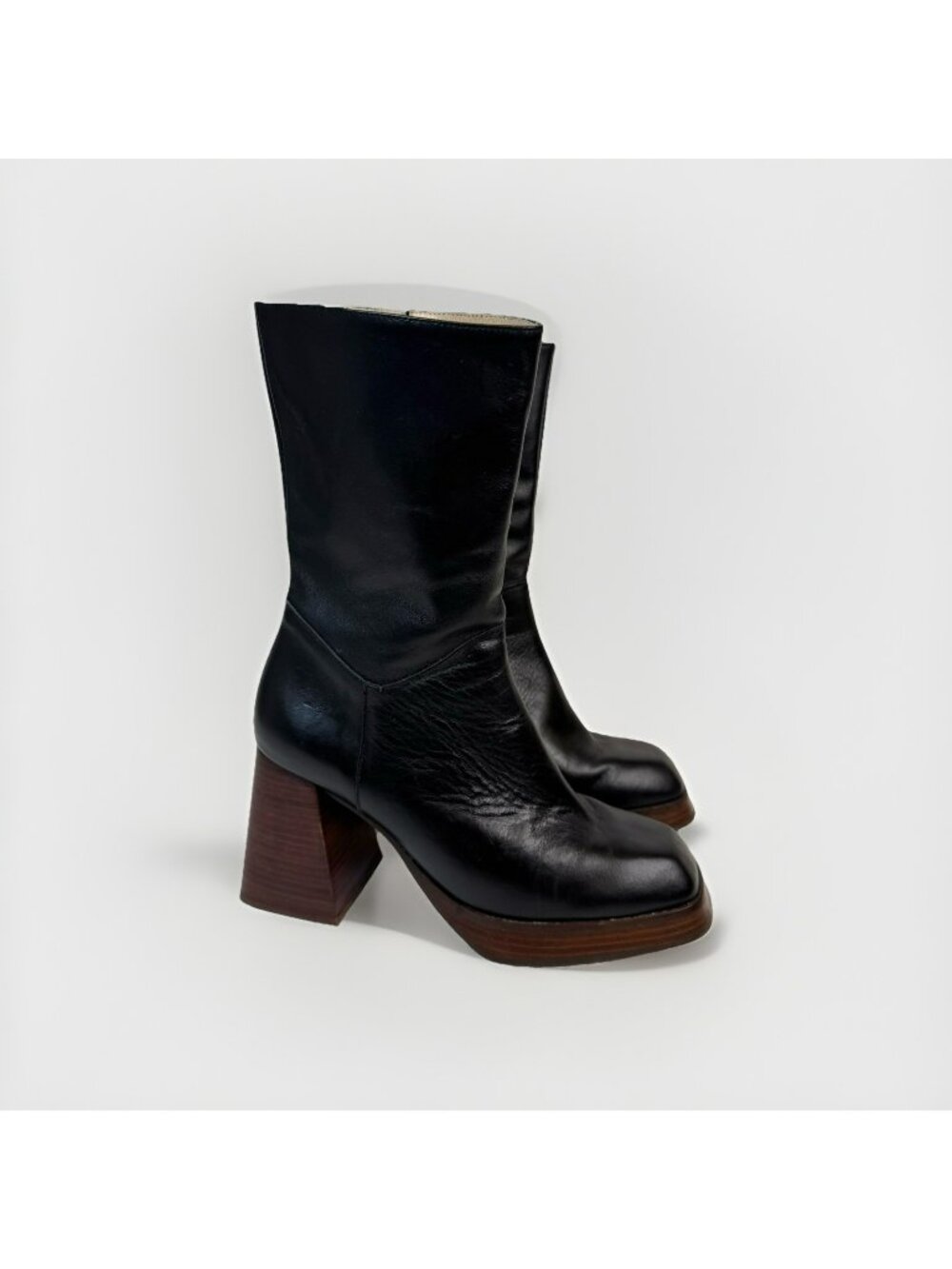 Ana Palma Mid Calf Leather Boots Black Block Heel Square Toe 90s Size 38 US 7